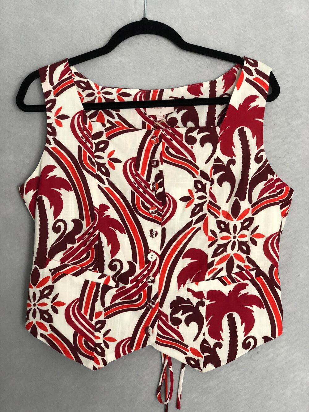 Ciebon Button Front Vest Sleeveless Lined Red Multi Women's Large NEW